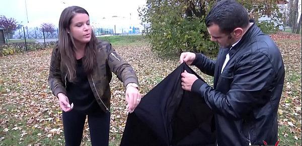  Broken umbrella help stranger to convince babe to fuck in van